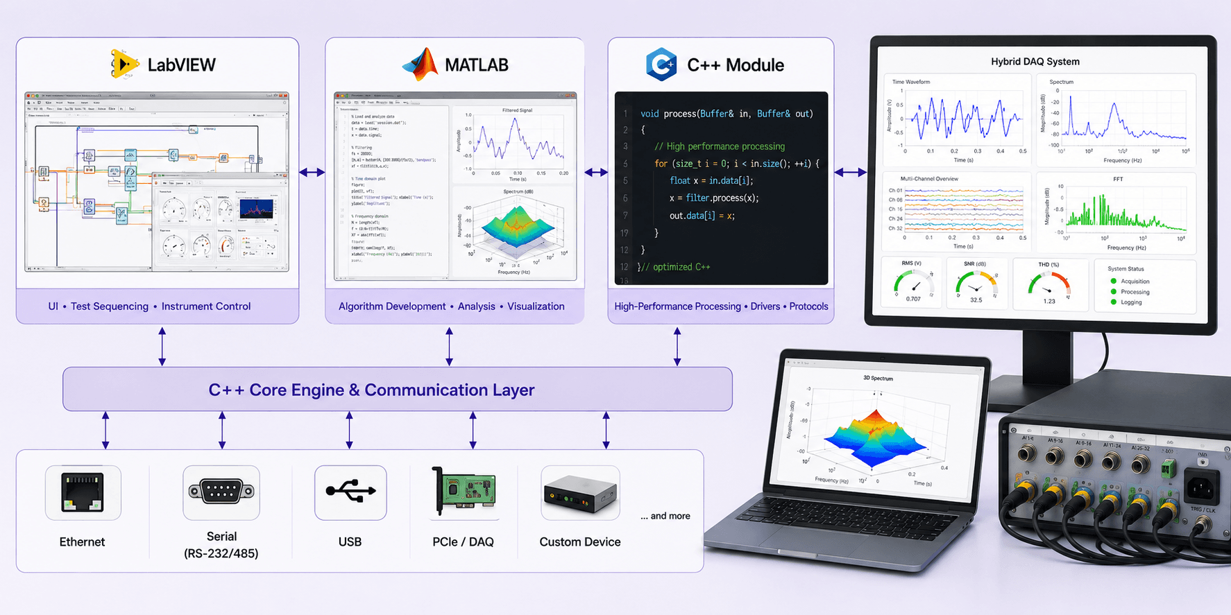 Hybrid LabVIEW, MATLAB, and C++ data acquisition software illustration